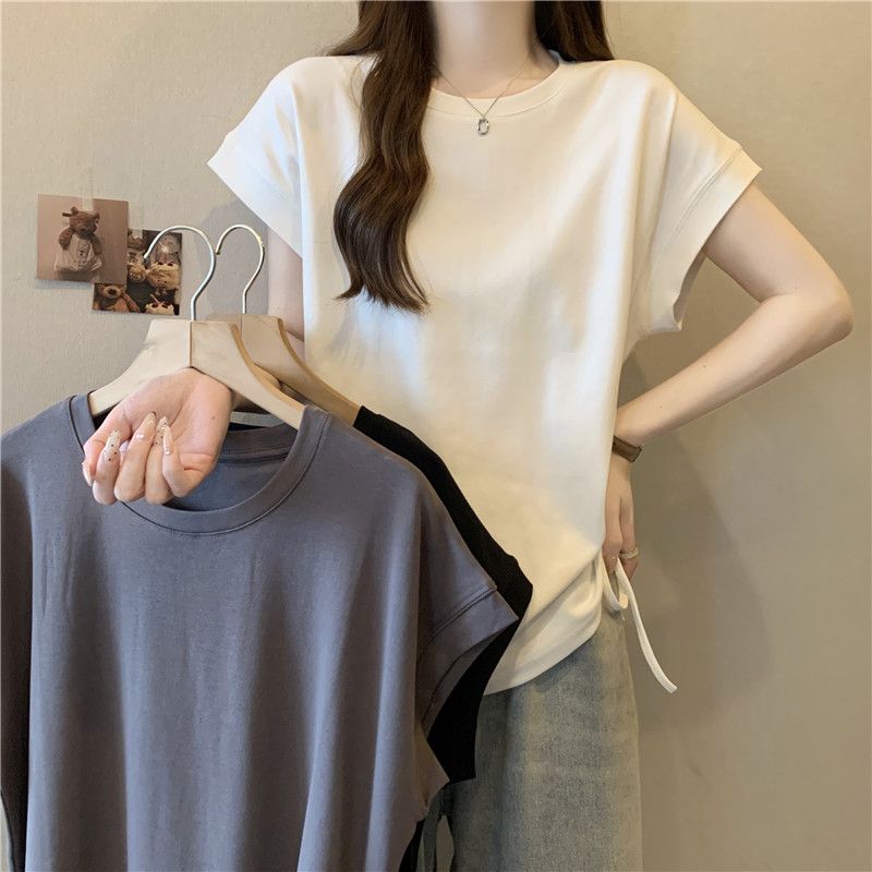 Real shot simple and fashionable design niche Feifeisle Sleeve T-shirt for women short-sleeved loose solid color shoulder-fall top