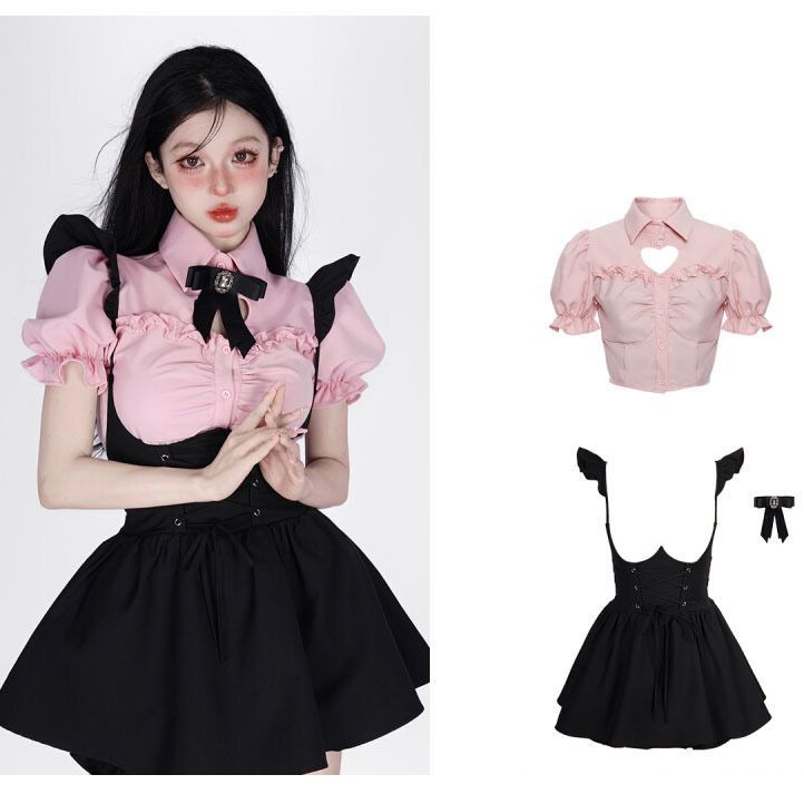 2025 new women's cute girl pink flying sleeve shirt strap black strap skirt dress suit