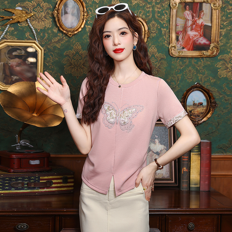 實拍新中式國風刺繡短袖t恤女2025夏季新款洋氣收腰顯瘦體恤上衣