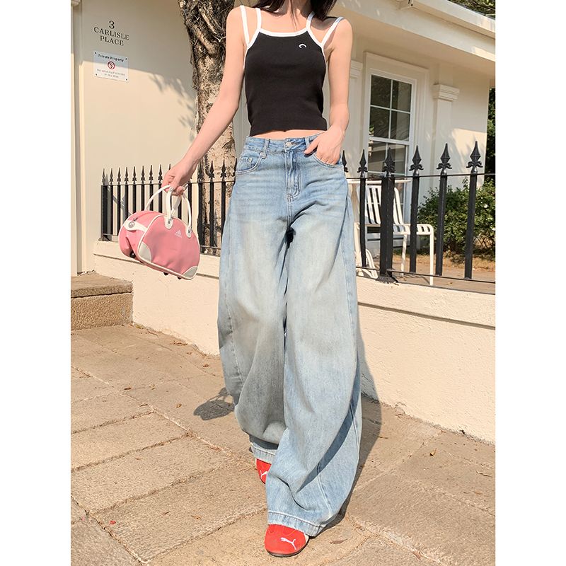 Real shot of 2025 spring fashion trend casual pants for women high waist drooping wide-leg pants
