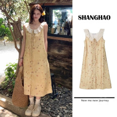 French Bellflower Edge Sleeveless Dress with Bow Print Backless Blouse Dress for Women, Summer 2025 New Arrival Medium Length Dress, Youthful