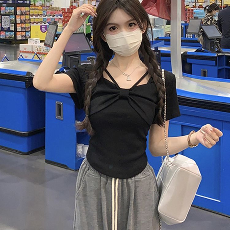 方領短袖T恤女夏季韓版2025新款蝴蝶結設計感修身上衣