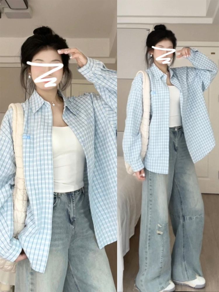 Blue plaid shirt jacket for women early spring 2025 new design niche shirt high-end long-sleeved top