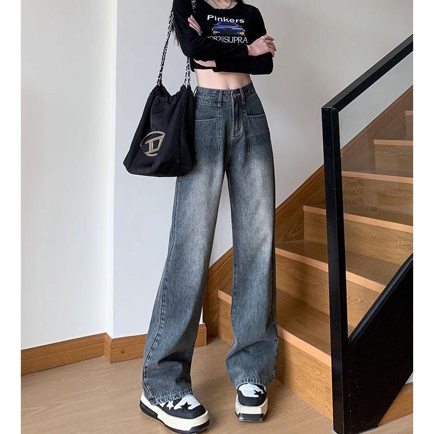 High-waisted narrow wide-leg jeans for women in autumn new straight-leg loose slim and versatile small retro floor pants