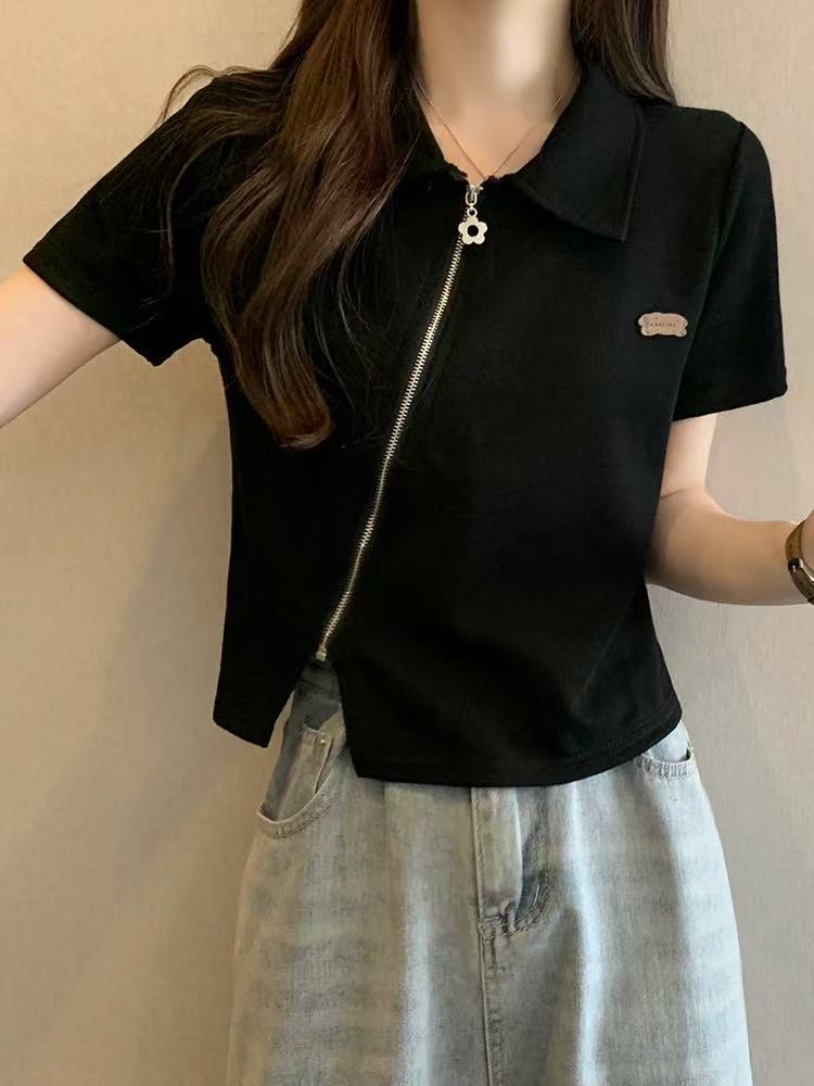 高級感不規則拉鏈針織短袖別致polo衫女夏小眾露臍短款設計感上衣