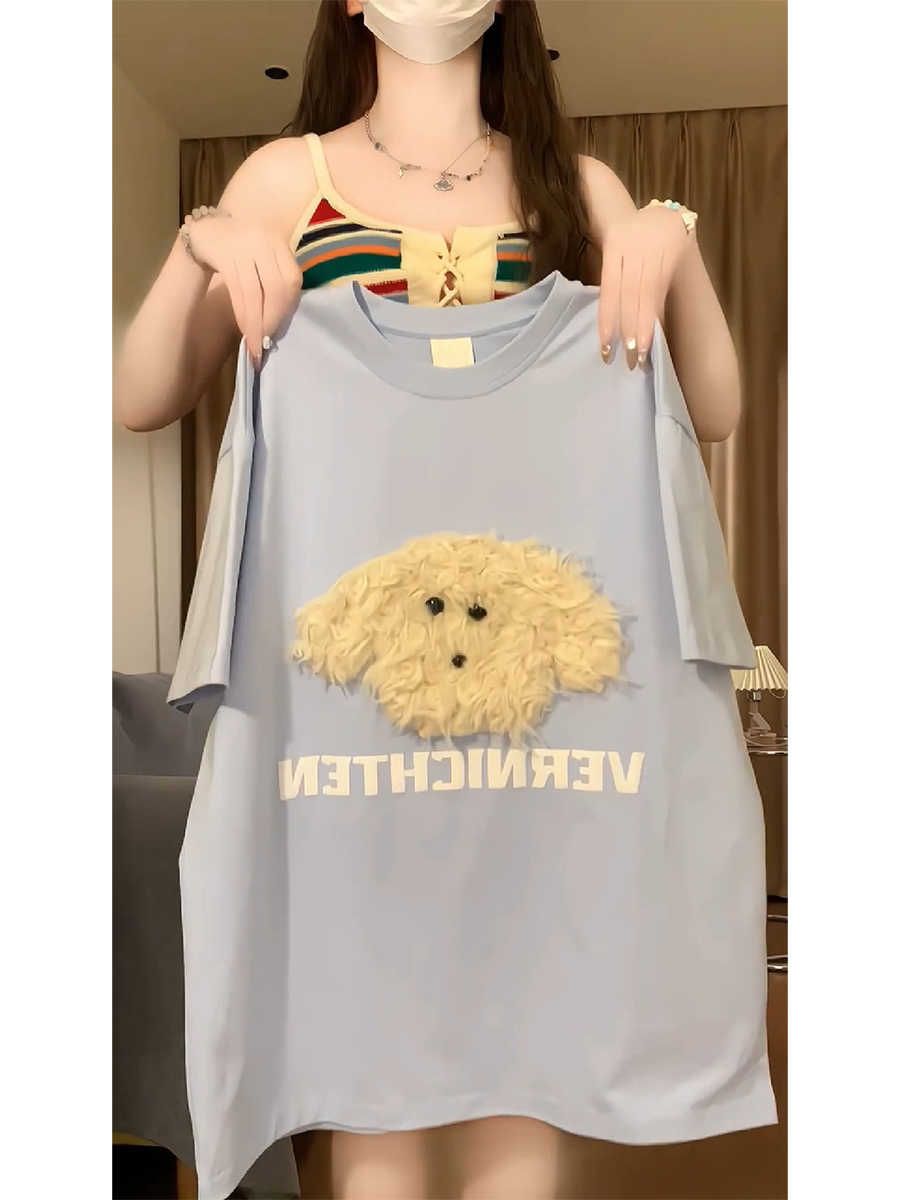 Plush bear pure cotton short-sleeved T-shirt for women 2025 new summer loose versatile chic Hong Kong flavor half-sleeved top ins