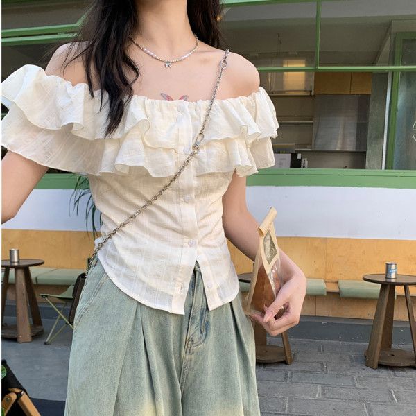杏色法式一字領荷葉邊短袖襯衫女夏季2025新款甜美風修身短款上衣