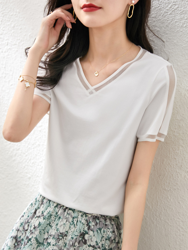 2025夏季新款雪紡衫涼感氣質V領短袖T恤女百搭上衣服設計感小眾