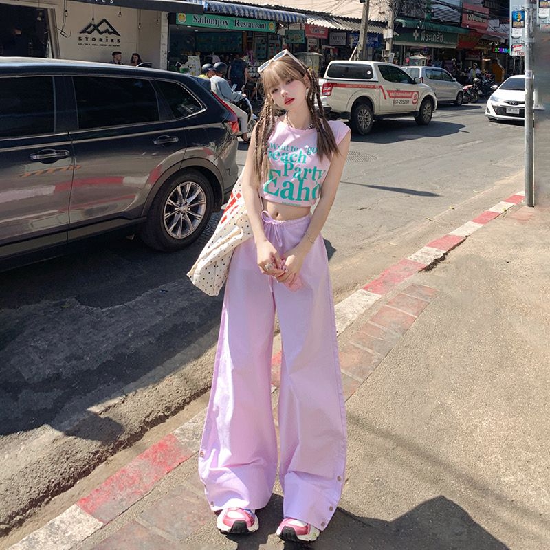 Real shot of 2025 spring striped loose wide-leg pants spring and summer lace lacy lazy drawstring drooping casual pants for women