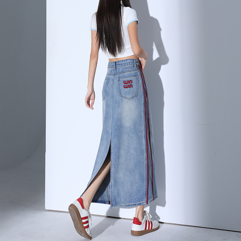 Women's 2025 New Mid-Length Slimming High-Waisted Denim Skirt with Colorful Embroidery Back Pockets, Booty Cut, and Slits