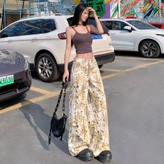 Real shot of 2025 spring American retro white leopard print pants for women loose slim straight floor pants jeans trousers