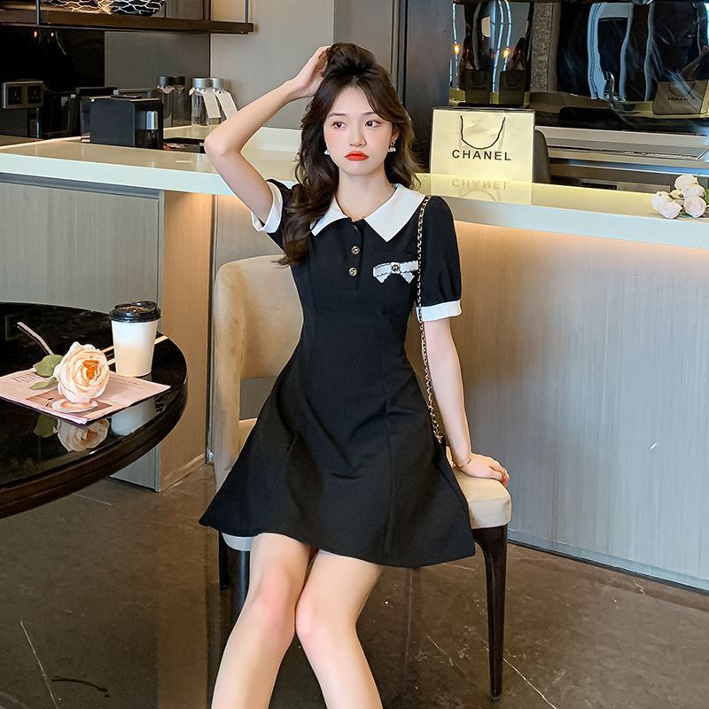 學院風甜美時尚polo領短袖連衣裙夏季新款女收腰顯瘦A字小黑裙