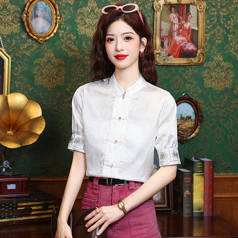 實拍新中式真絲刺繡上衣女裝夏季2025新款國風襯衫立領長袖襯衣