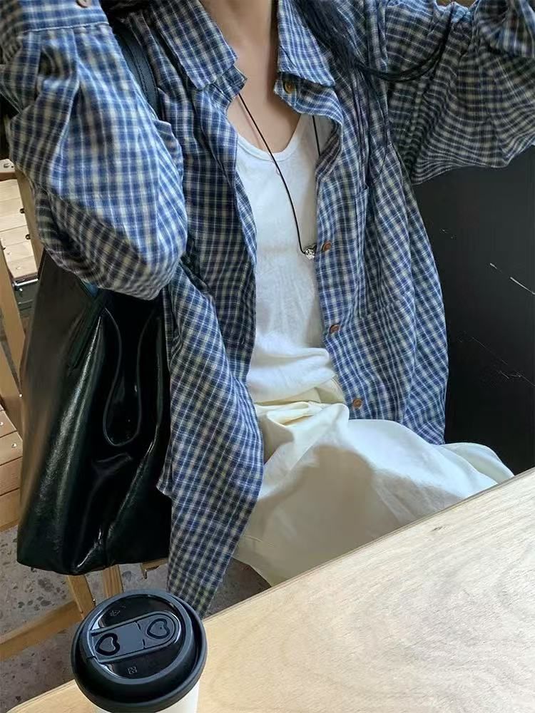 日系復古格子長袖襯衫女春夏寬鬆慵懶風設計感休閒襯衣外套