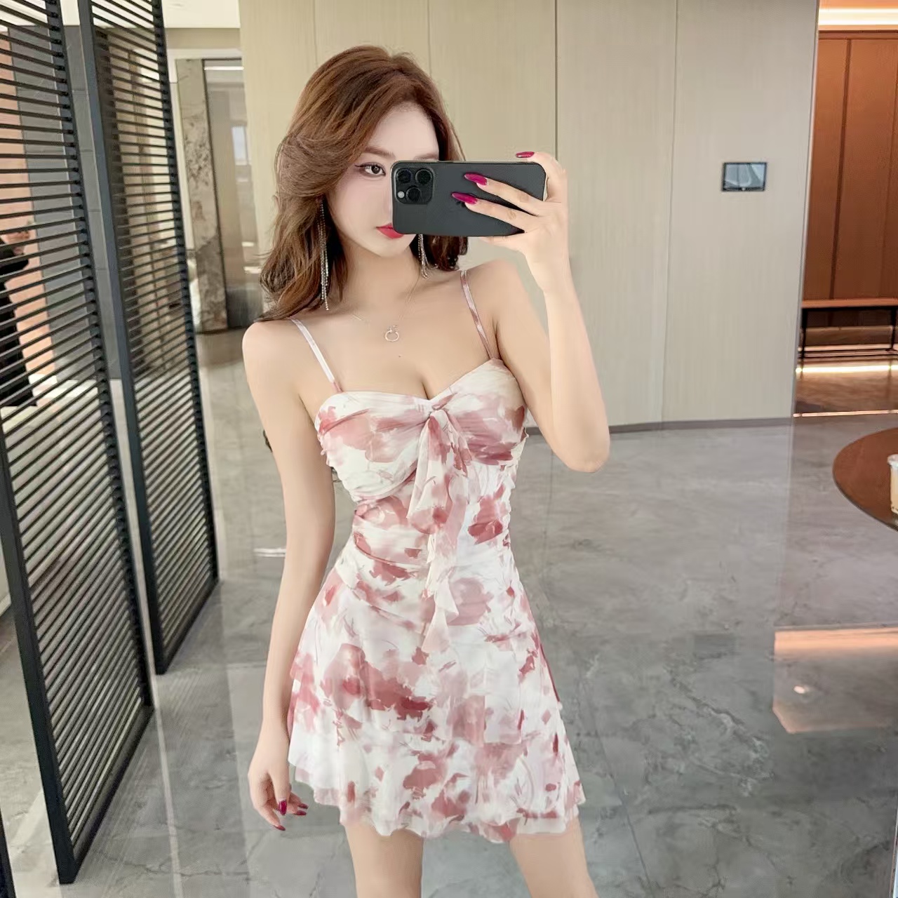 Real photos of holiday style floral sexy summer French tie-dye slim hot girl suspender dress