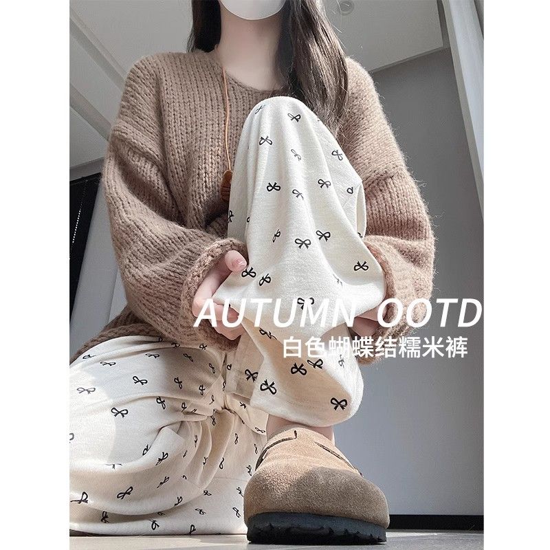 白色蝴蝶結糯米褲女春秋2025新款休閒小個子冬寬鬆bf慵懶風闊腿褲