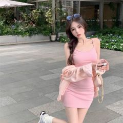 露背吊帶連衣裙女純欲風裙子女夏季小個子甜辣妹海邊性感包臀短裙