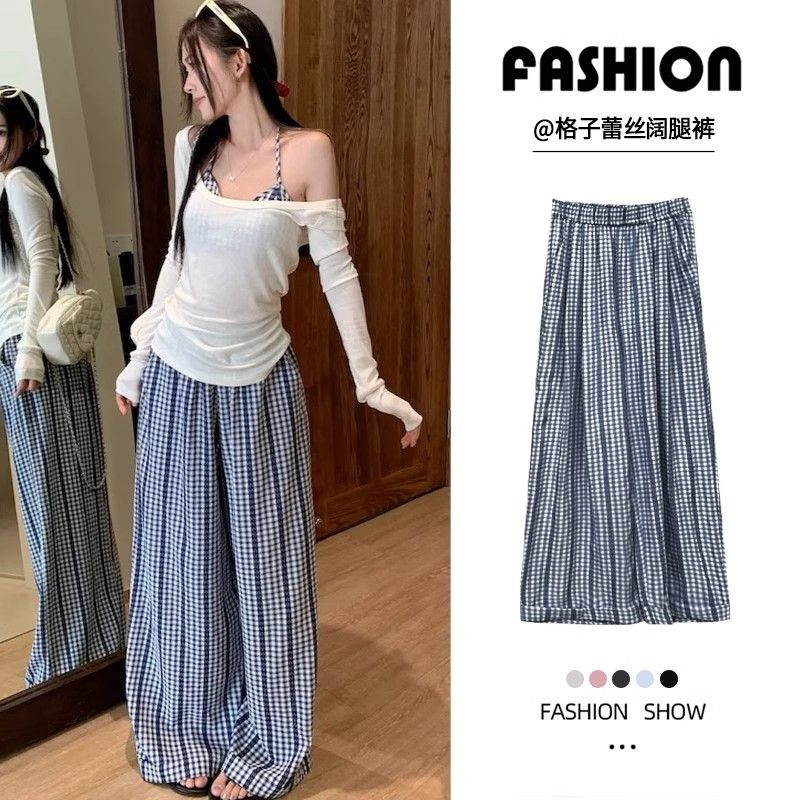 Lace plaid pants for women in spring, autumn and summer 2025 new high-waist straight-leg casual walking wide-leg pants loose and drape to make them look thin