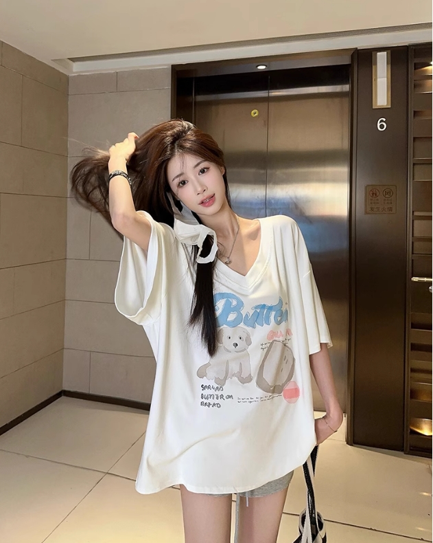 卡通印花v領白色短袖女t恤夏中長款寬鬆慵懶風oversize落肩袖上衣