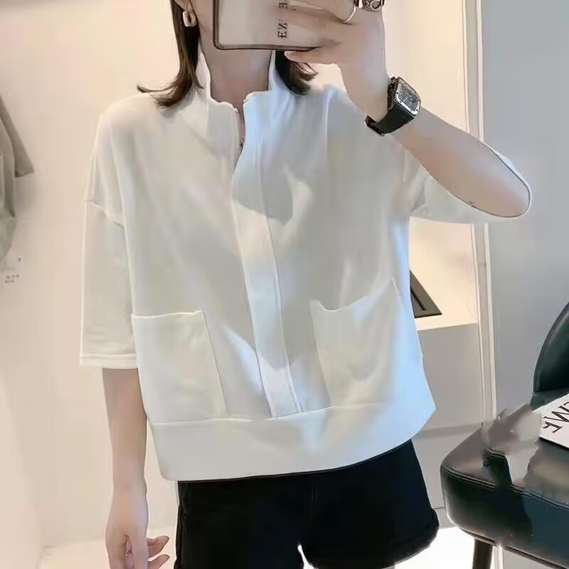 短袖t恤女2025春夏大口袋套頭半開拉鏈立領休閒五分袖t恤