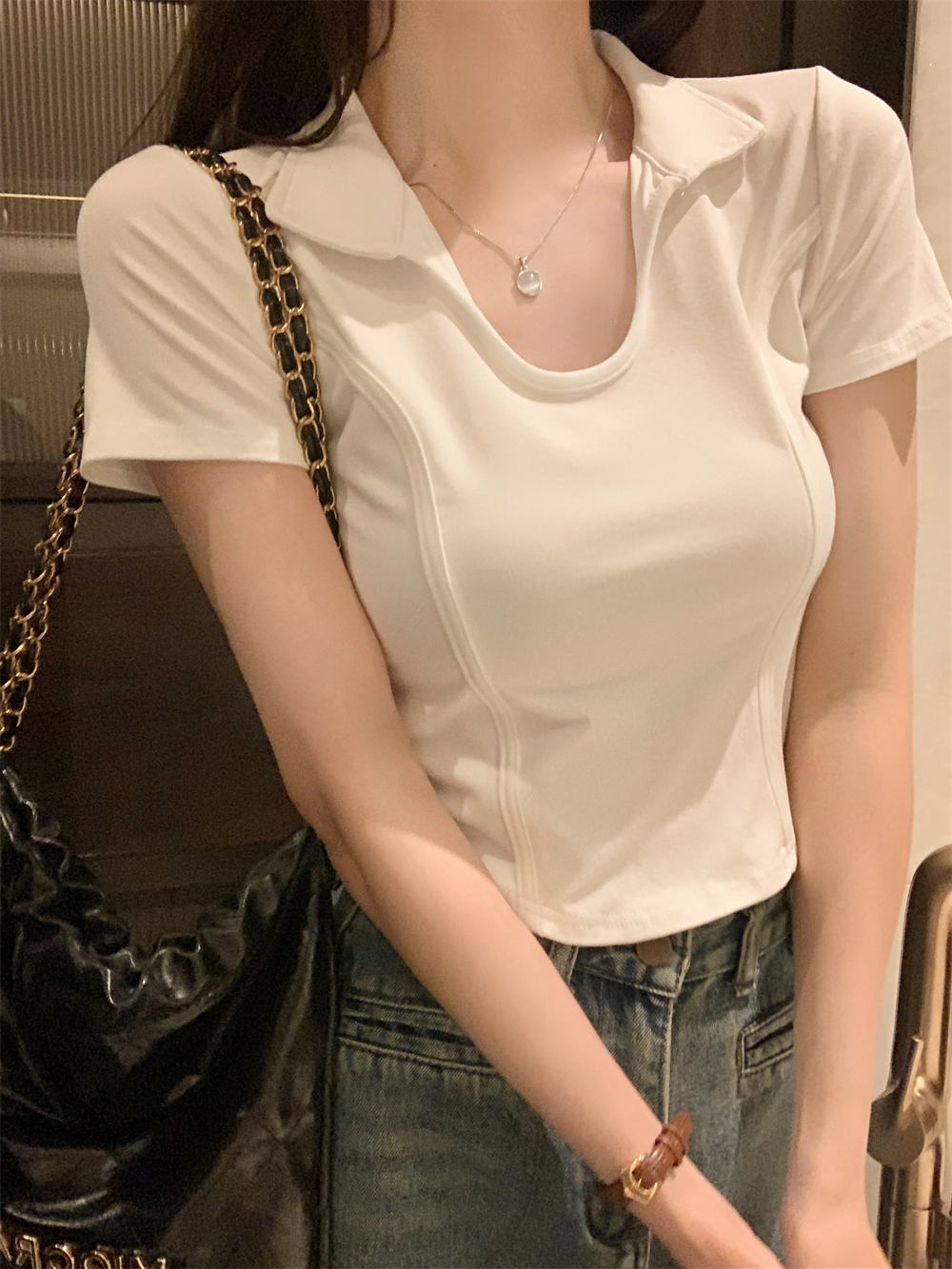 實拍  40支純棉210克92棉/8氨綸短袖t恤女魚骨polo領
