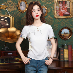 實拍圓領蝴蝶流蘇刺繡短袖t恤女2025夏季新款氣質百搭抽褶T恤上衣