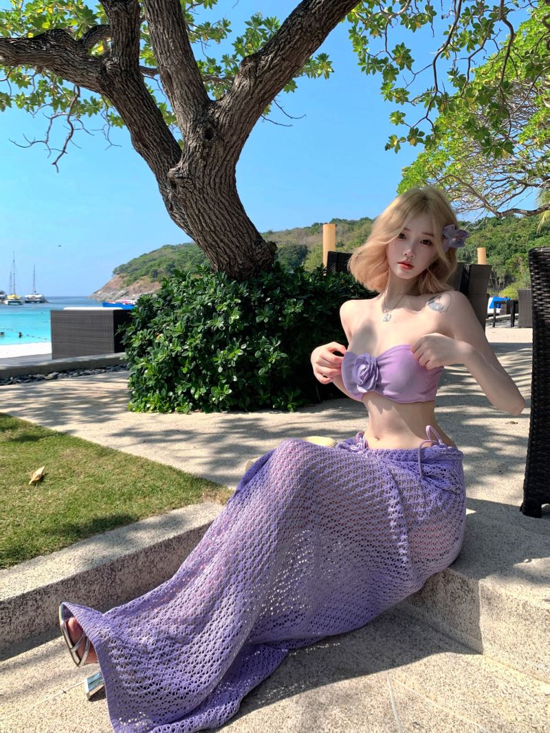 Real photos of Thai swimsuit women's new beautiful purple strapless bikini long skirt and blouse hot spring vacation