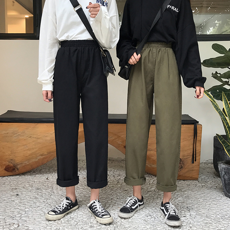 2025 Spring and Autumn Korean version of pure cotton elastic waist pants for women Chic retro loose harem pants carrot pants