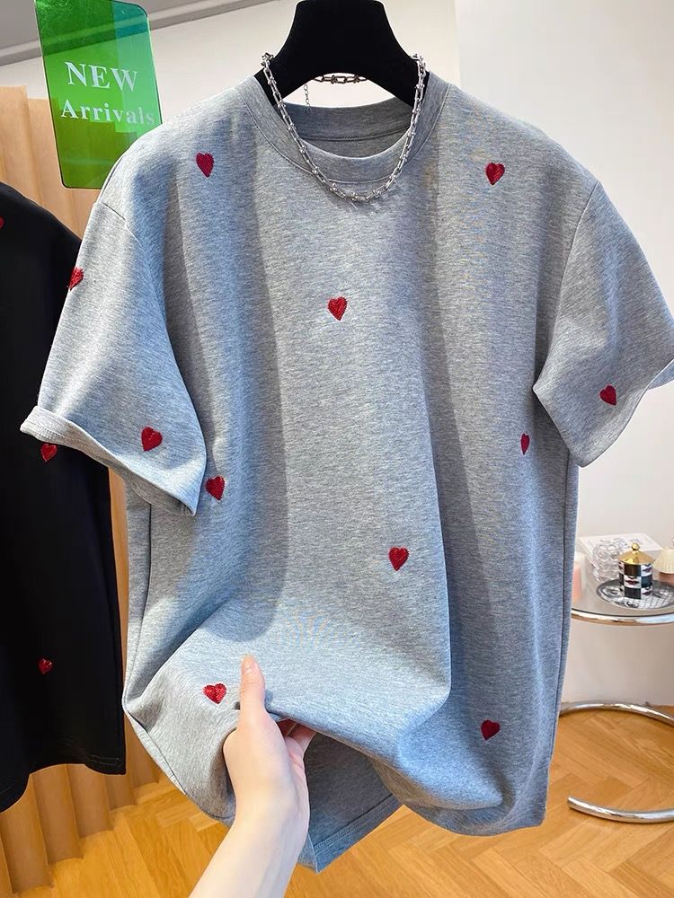 B844#官圖特大碼300斤愛心刺繡t恤女短袖2025新款純棉上衣