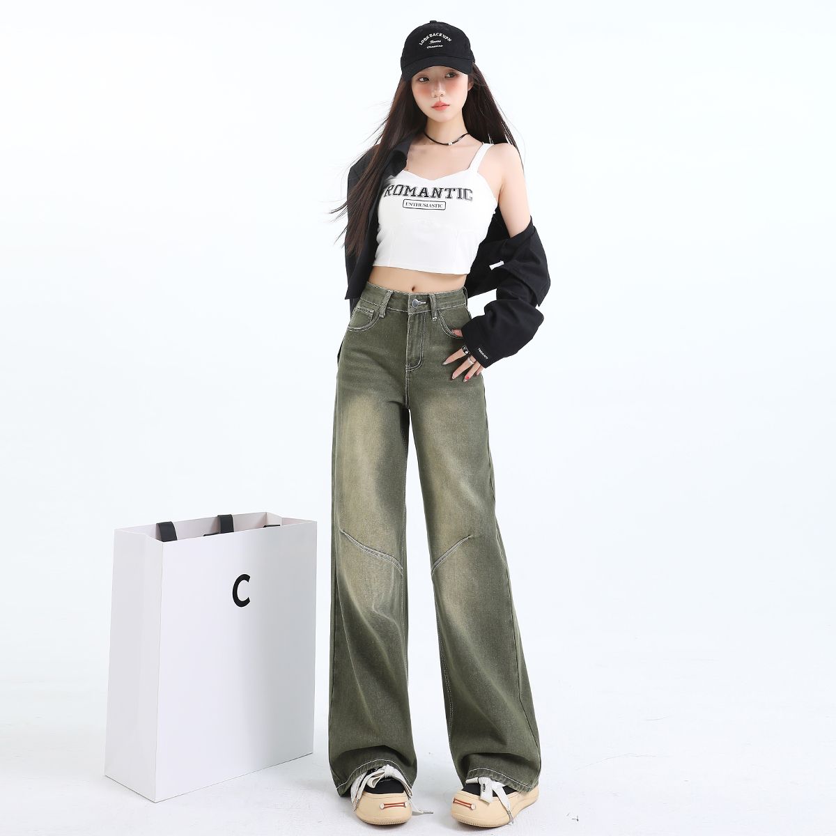 Real shot of 2025 spring fashion trend casual pants for women high waist drooping wide-leg pants
