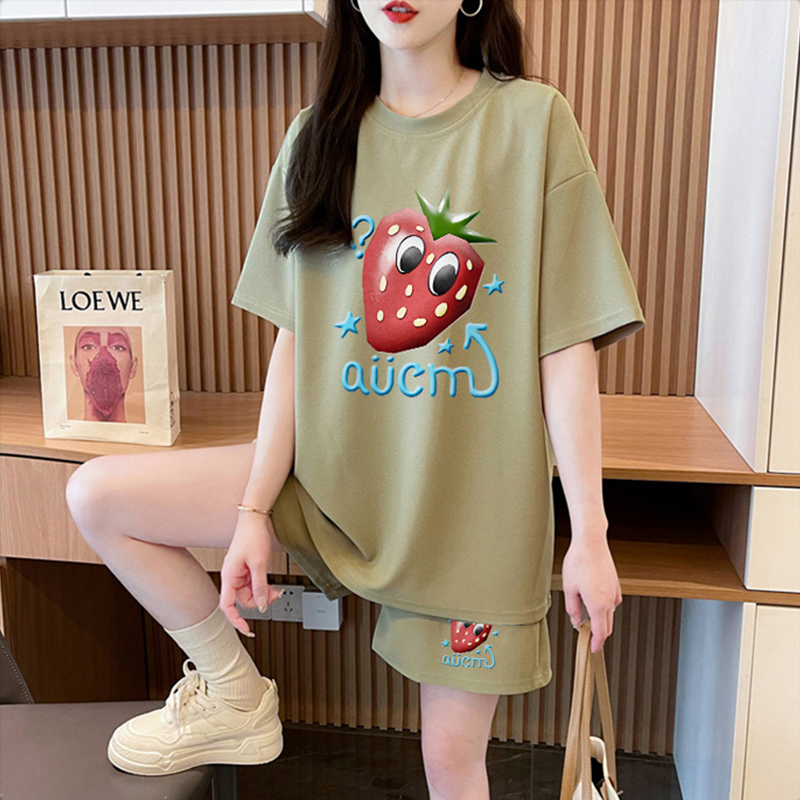 Pure cotton 21 200g 2025 summer casual sports short-sleeved T-shirt shorts for women two-piece set