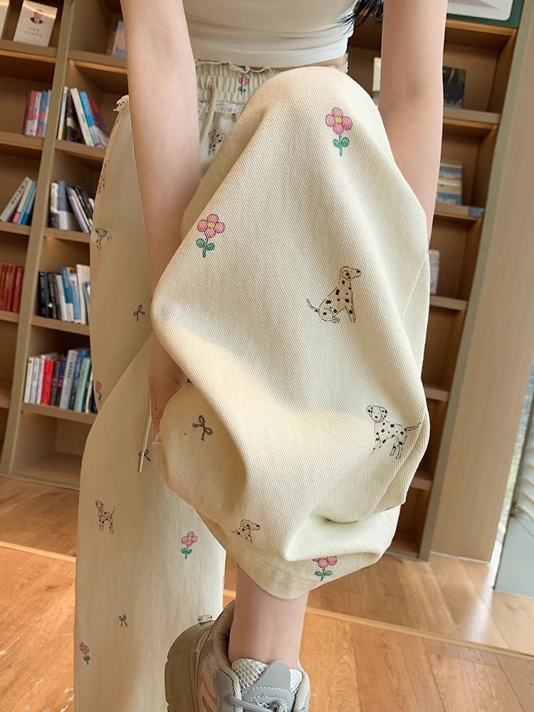Three-dimensional waist lace splicing puppy print 2025 spring new straight casual pants wide-leg pants