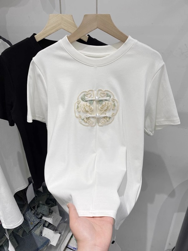 2025年春季新中式國風刺繡釘珠T恤女氣質高級感減齡內搭體恤上衣