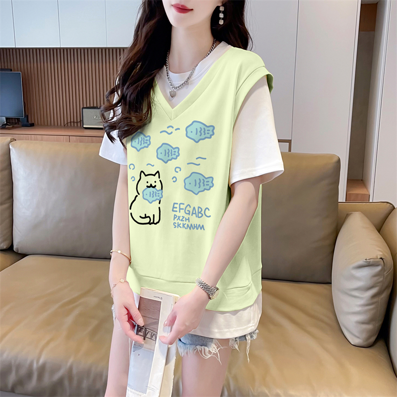 First launch real shot 220g pure cotton fake two-piece short-sleeved T-shirt for women's summer new loose top fashion brand quality