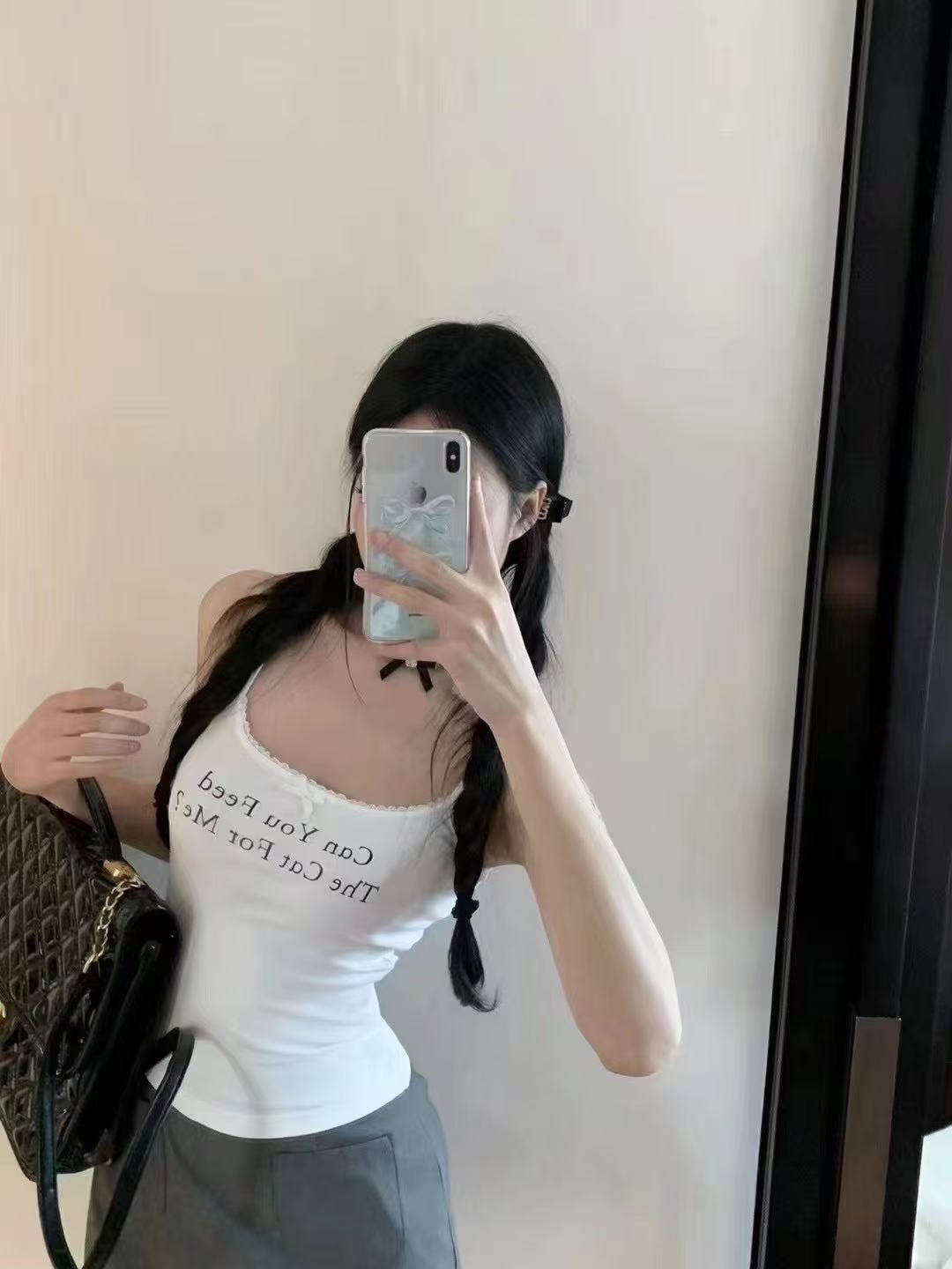 2025春夏新蕾絲邊蝴蝶結字母印花純欲少女帶墊吊帶ins美背韓日減L