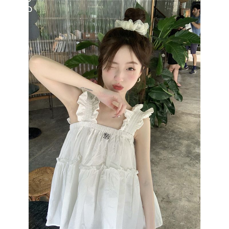 日系復古設計感格子圓領襯衫女夏季新款寬鬆無袖休閒娃娃衫上衣
