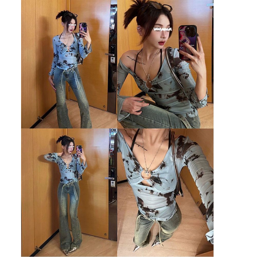 美式復古風扎染V領網紗長袖T恤女薄款小眾設計感辣妹修身顯瘦上衣