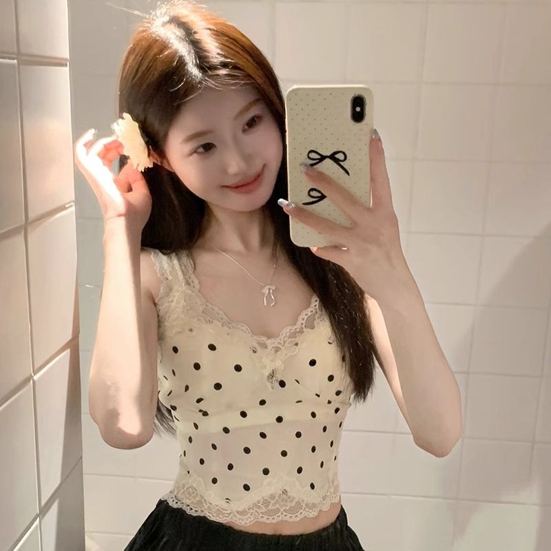 原版提花布純欲風蕾絲波點吊帶小背心女夏季性感短款上衣