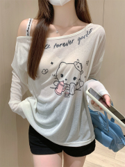 Real photo Real off-shoulder long-sleeved summer loose cartoon printed T-shirt blouse off-shoulder design top