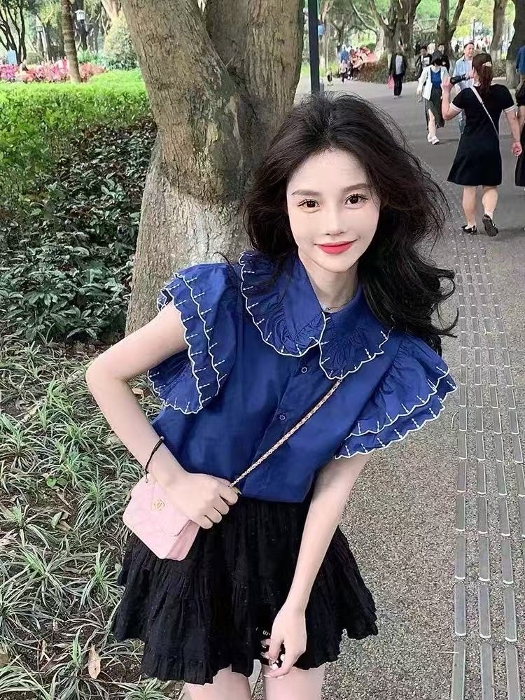 法式泡泡袖雪紡衫女娃娃領獨特别致漂亮甜美輕奢百搭蕾絲鈎花上衣