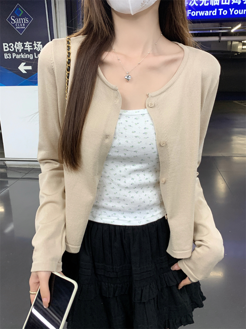 Real shot Real round neck knit cardigan women's loose outer long-sleeved sweater top