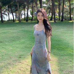 海邊度假夏蝴蝶蔓菲修身網紗油畫印花吊帶連衣裙藝術生女開叉長裙