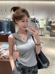 260克人棉有胸墊 設計感連帽露背無袖V領背心修身顯瘦短款上衣