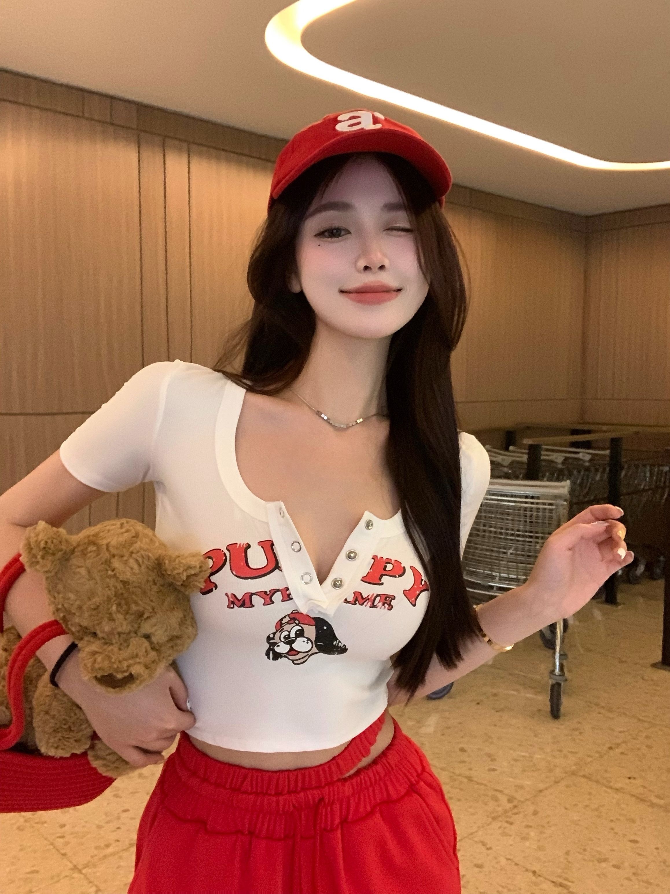 港味卡通圖案T恤女夏季新款韓版ins潮別致小眾顯瘦純欲風辣妹上衣
