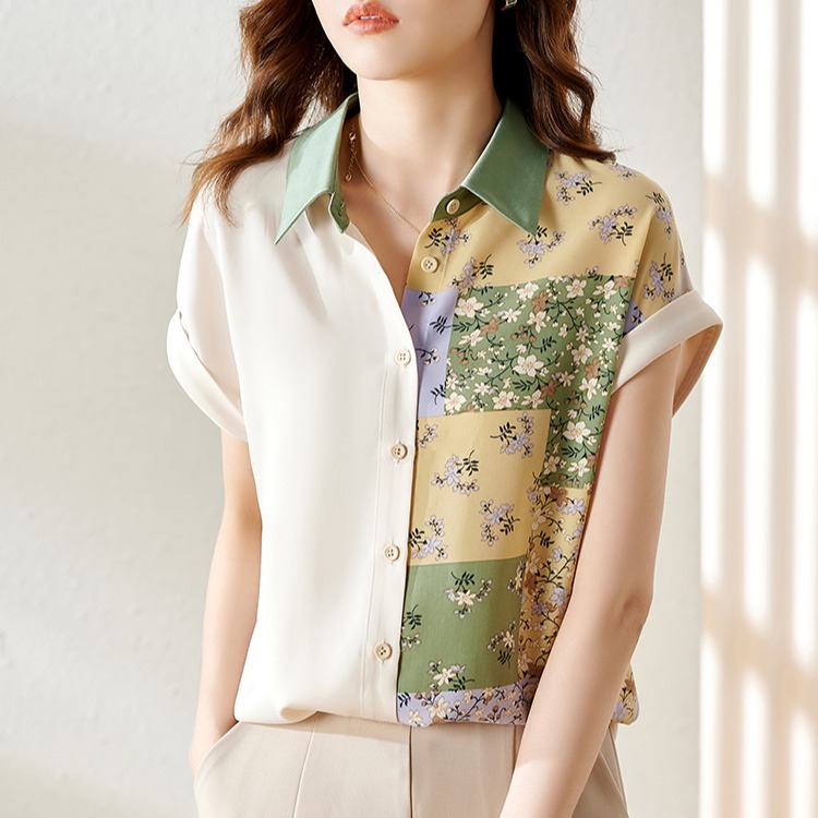 2025視錯覺印花上衣拼接碎花襯衫女夏薄款設計感小眾氣質襯衣