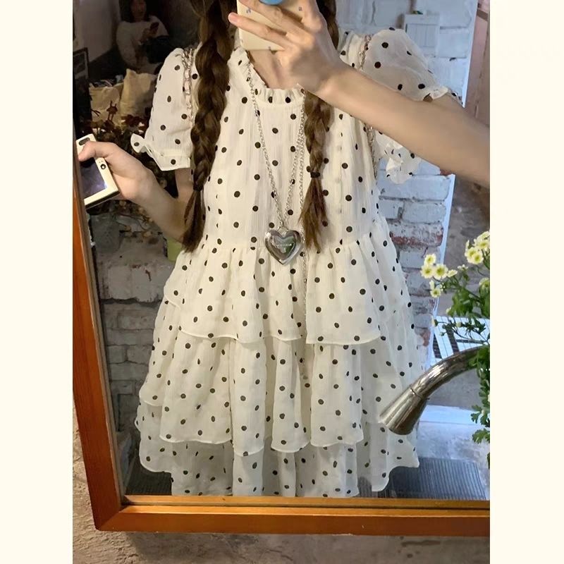 Ruffled off white polka dot dress for women with a sweet waist-hugging cake skirt