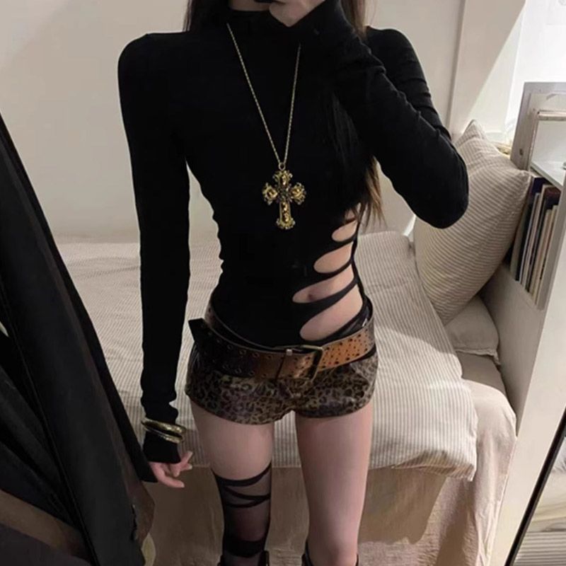 Official photo 2025 Spring and summer American high street hot girls hollow long-sleeved T-shirt women's base shirt slim waist tightening tight body shirt