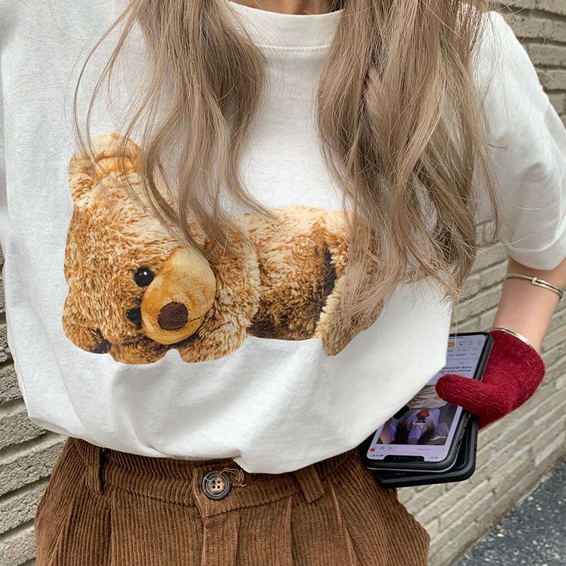 趣味卡通泰迪熊印花短袖t恤女寬鬆半袖上衣