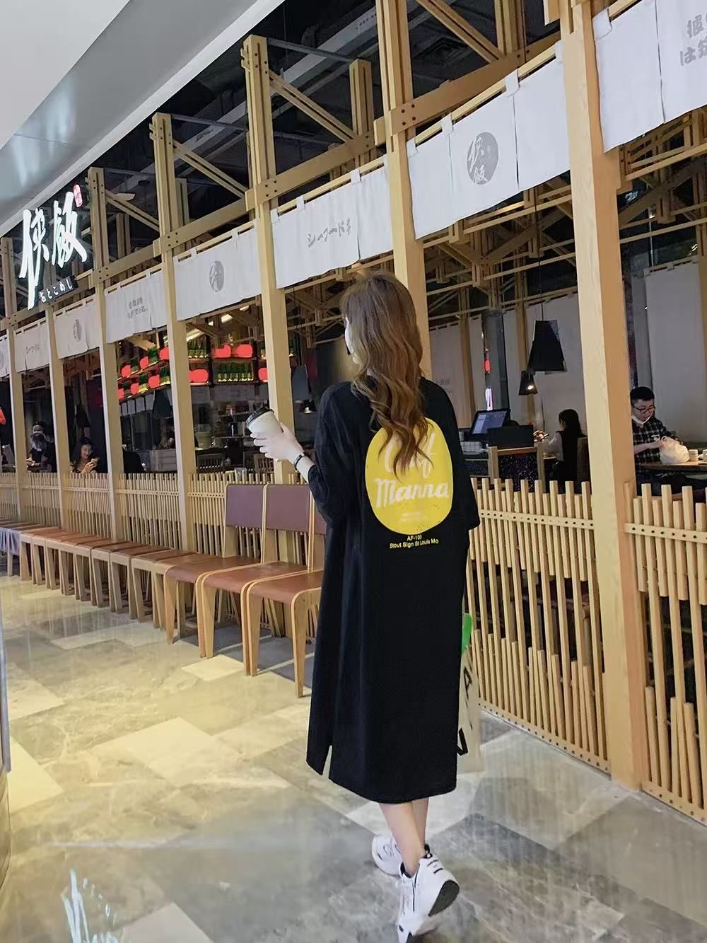 仿棉牛奶絲# 韓系夏季新款開叉印花T恤連衣裙女寬鬆顯瘦短袖裙子