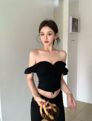 Real shot of pure sexy hot girl strapless drawstring suspender vest pants set